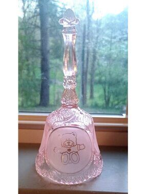 Vintage Decorative Pink Glass Floral Etched Frosted Panels Teddy Bear Motif Bell